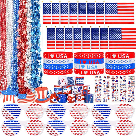 4th of July Patriotic Accessories Set - 147 Pcs Glasses, Necklaces, Bracelets & Tattoos | Independence Day Party Decor