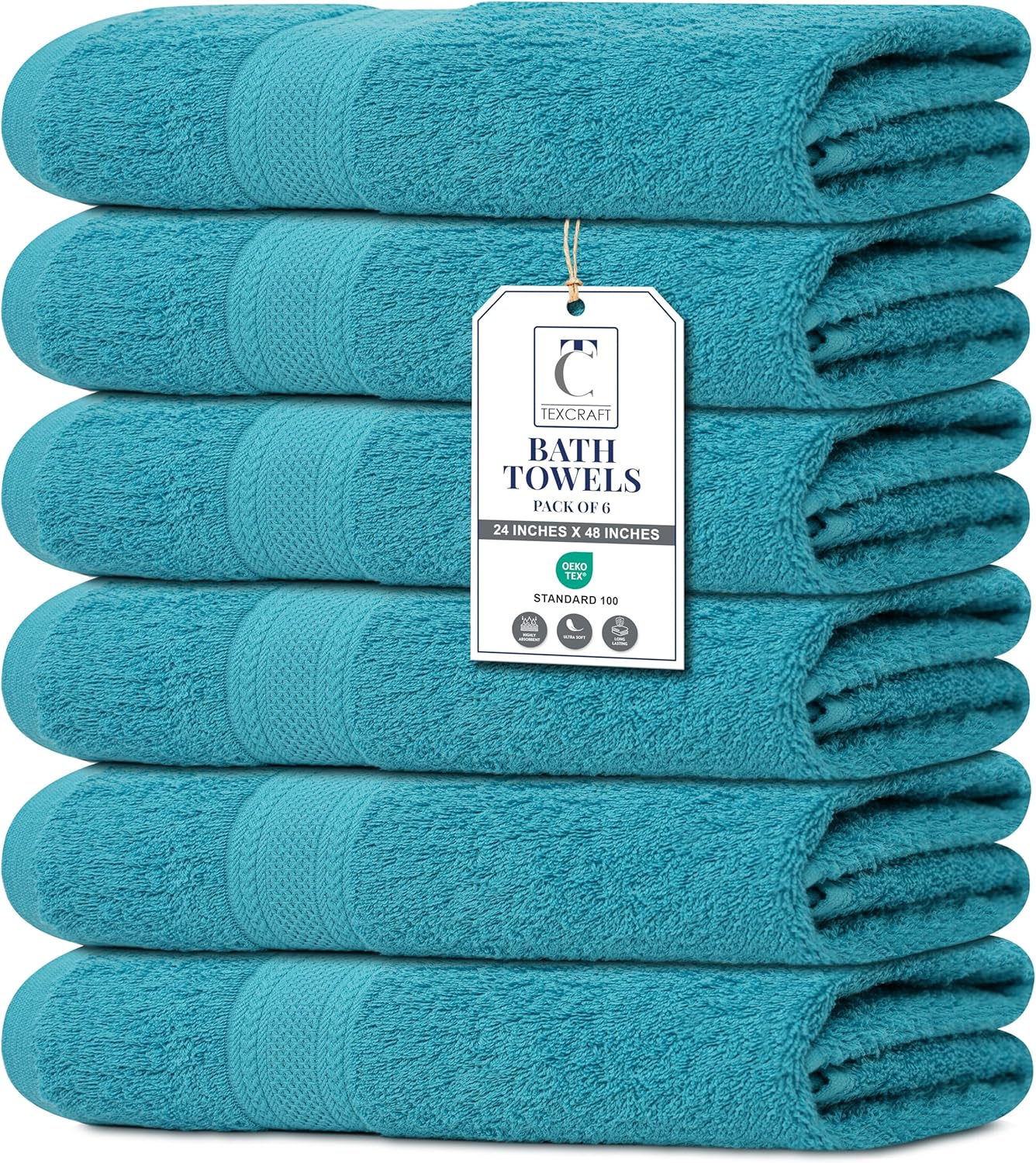 Large Bath Towels Set of 6 - 100% Cotton Terry, Quick Dry & Soft - 24" x 50", Grey for Bathroom, Gym & Spa