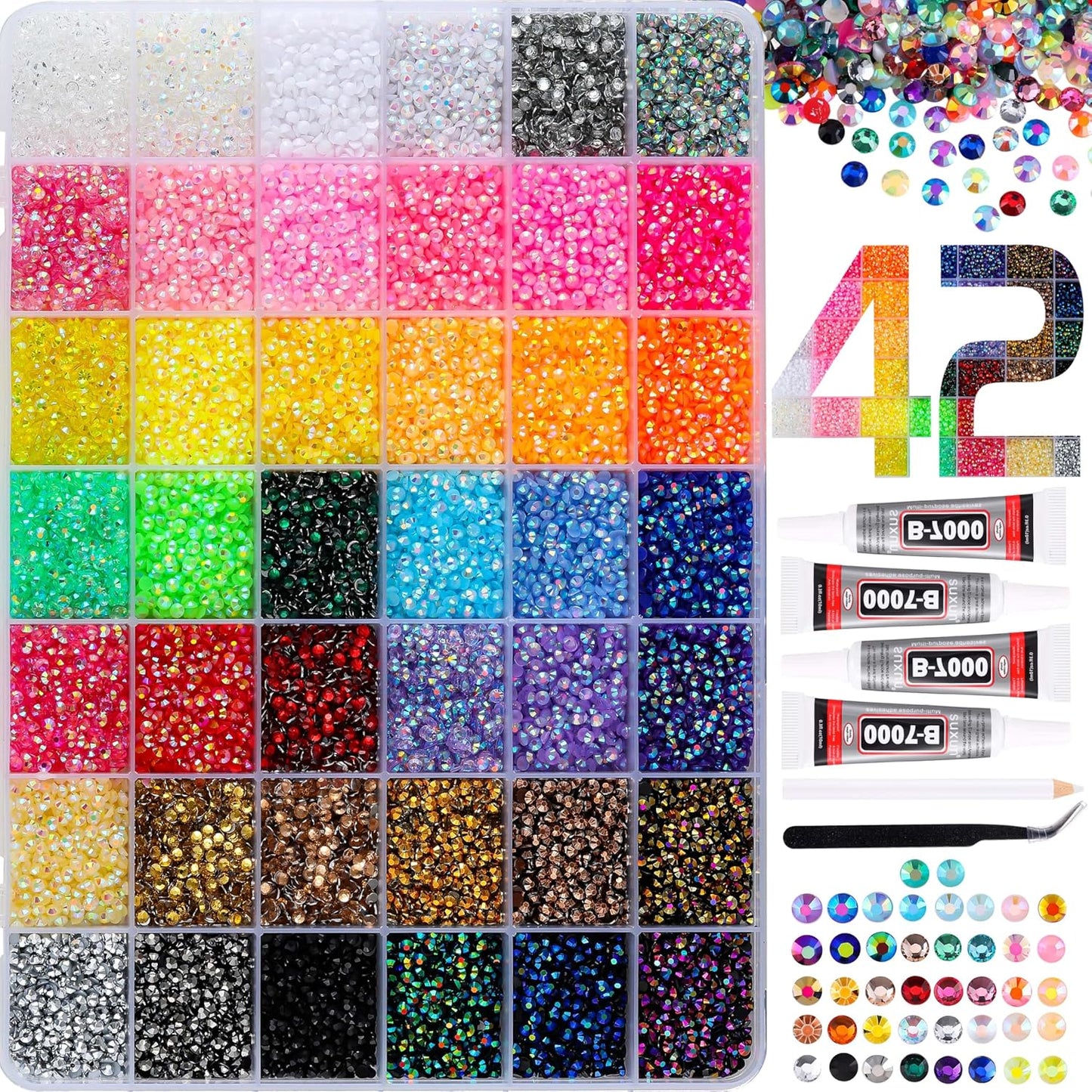 Bedazzling Kit - 37800 Pcs Resin Jelly Rhinestones with 42 Colors | 3mm Flatback Gems for Nail Art, Crafts & Clothing