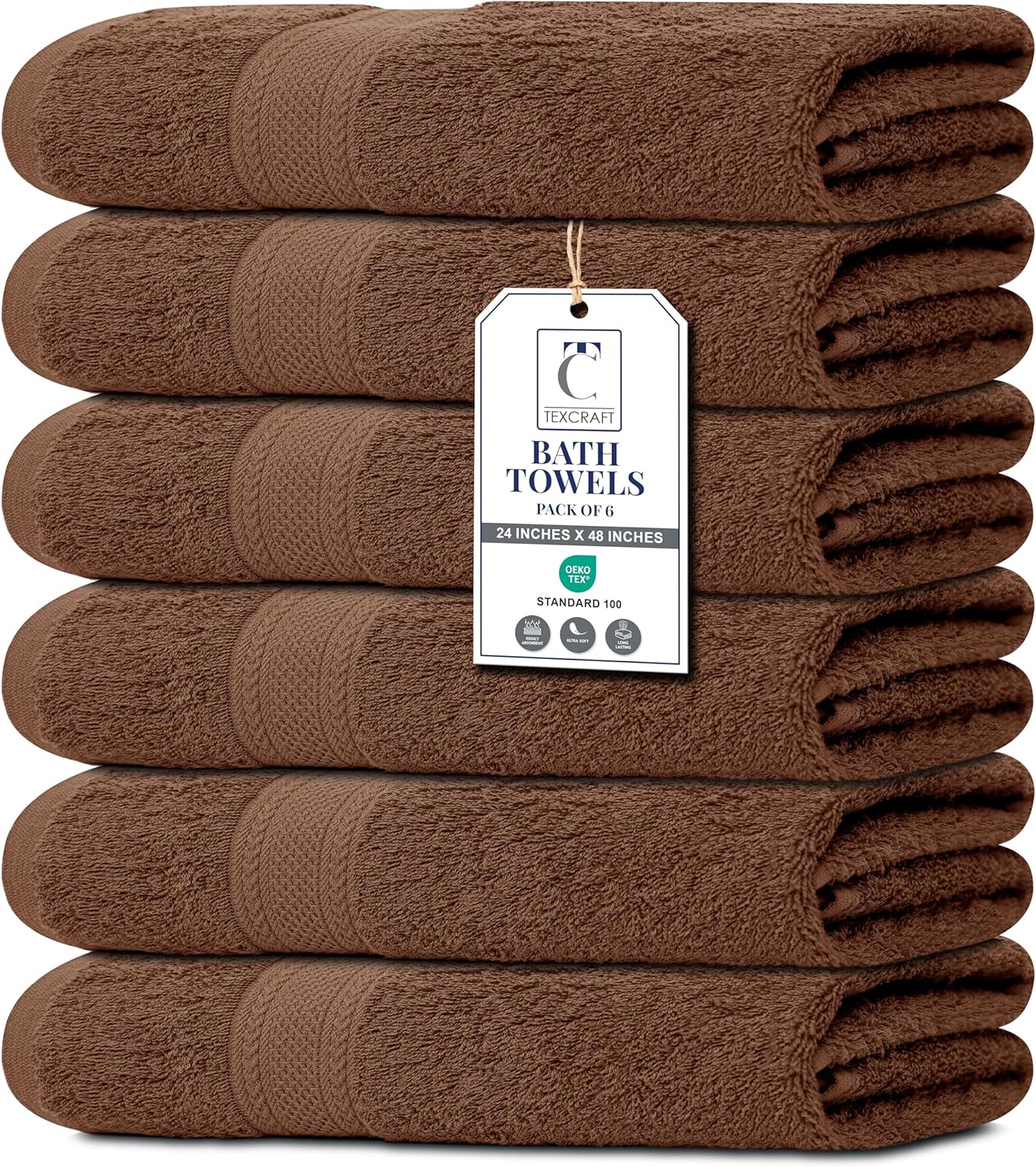 Large Bath Towels Set of 6 - 100% Cotton Terry, Quick Dry & Soft - 24" x 50", Grey for Bathroom, Gym & Spa