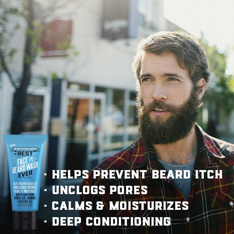 Just For Men The Best Face & Beard Wash Ever, Mosturizes to help prevent beard itching, Acts like Shampoo for the beard, Made with Oatmeal, Aloe, Chamomile, and Jojoba Oil, 3 Fluid Ounce