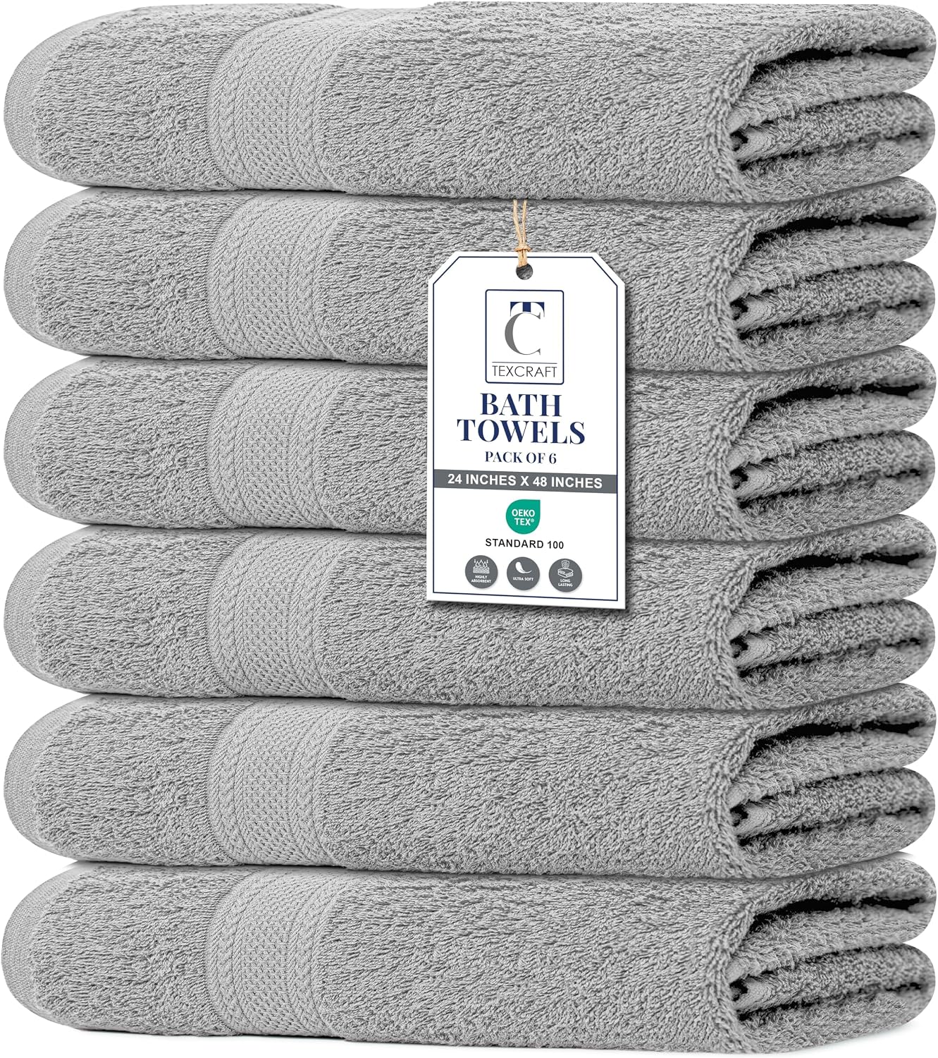 Large Bath Towels Set of 6 - 100% Cotton Terry, Quick Dry & Soft - 24" x 50", Grey for Bathroom, Gym & Spa