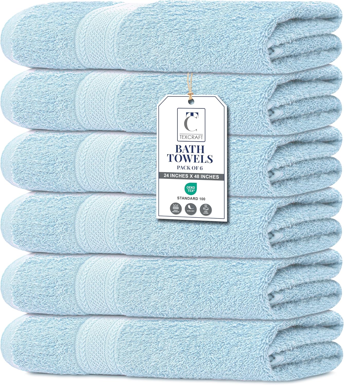 Large Bath Towels Set of 6 - 100% Cotton Terry, Quick Dry & Soft - 24" x 50", Grey for Bathroom, Gym & Spa