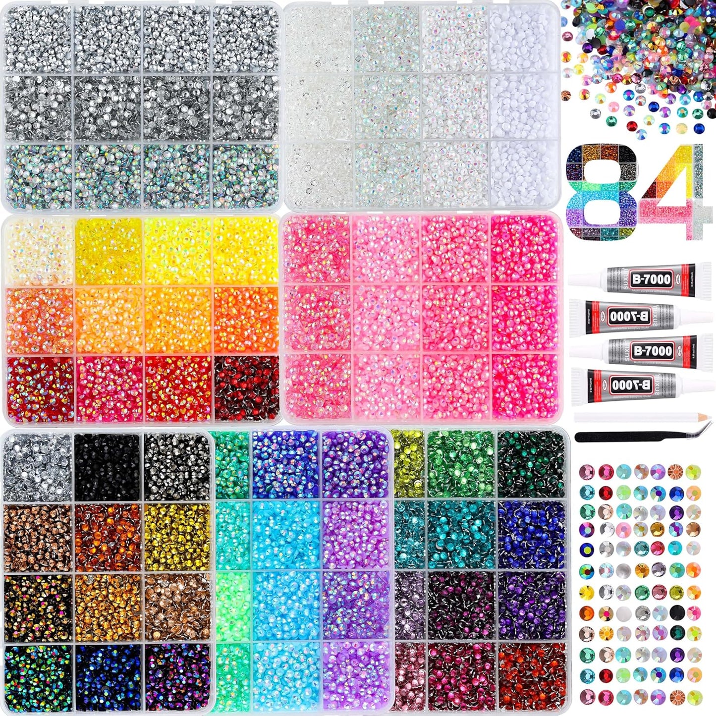 Rhinestone Bedazzling Kit - 52500 Pcs 3mm Flatback Gems with B7000 Glue, Tweezers & Pickup Pen | 59 Colors for Nail Art & Crafts