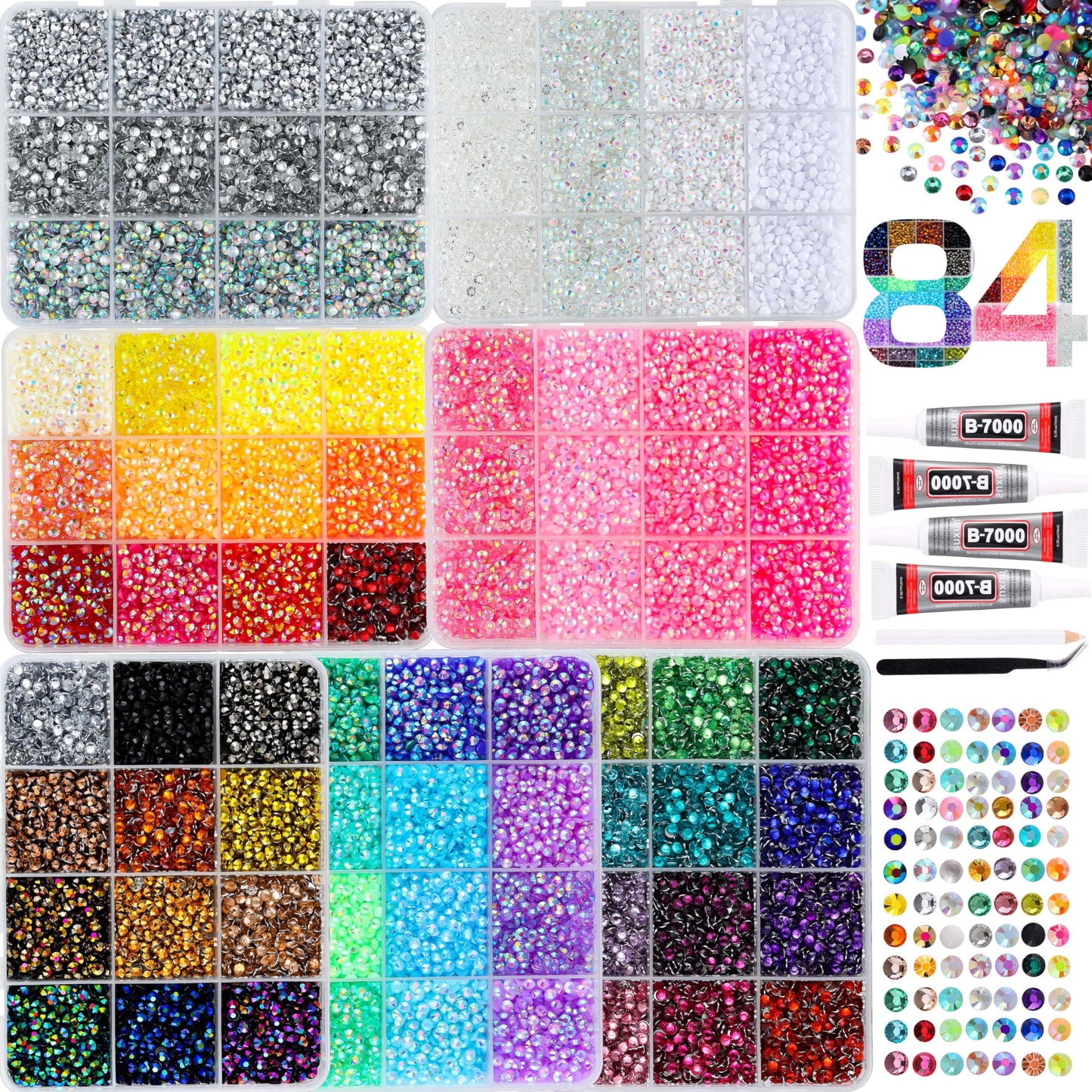 LERBOU 63000Pcs Bedazzling Kit with 7 Box – 59 Colors Rhinestones, 3mm Flatback Sparkling Gems with 4×10ml B7000 Jewelry Glue, Tweezers & Pickup Pen for Nail Art, Crafts, Clothing, Diamond Painting