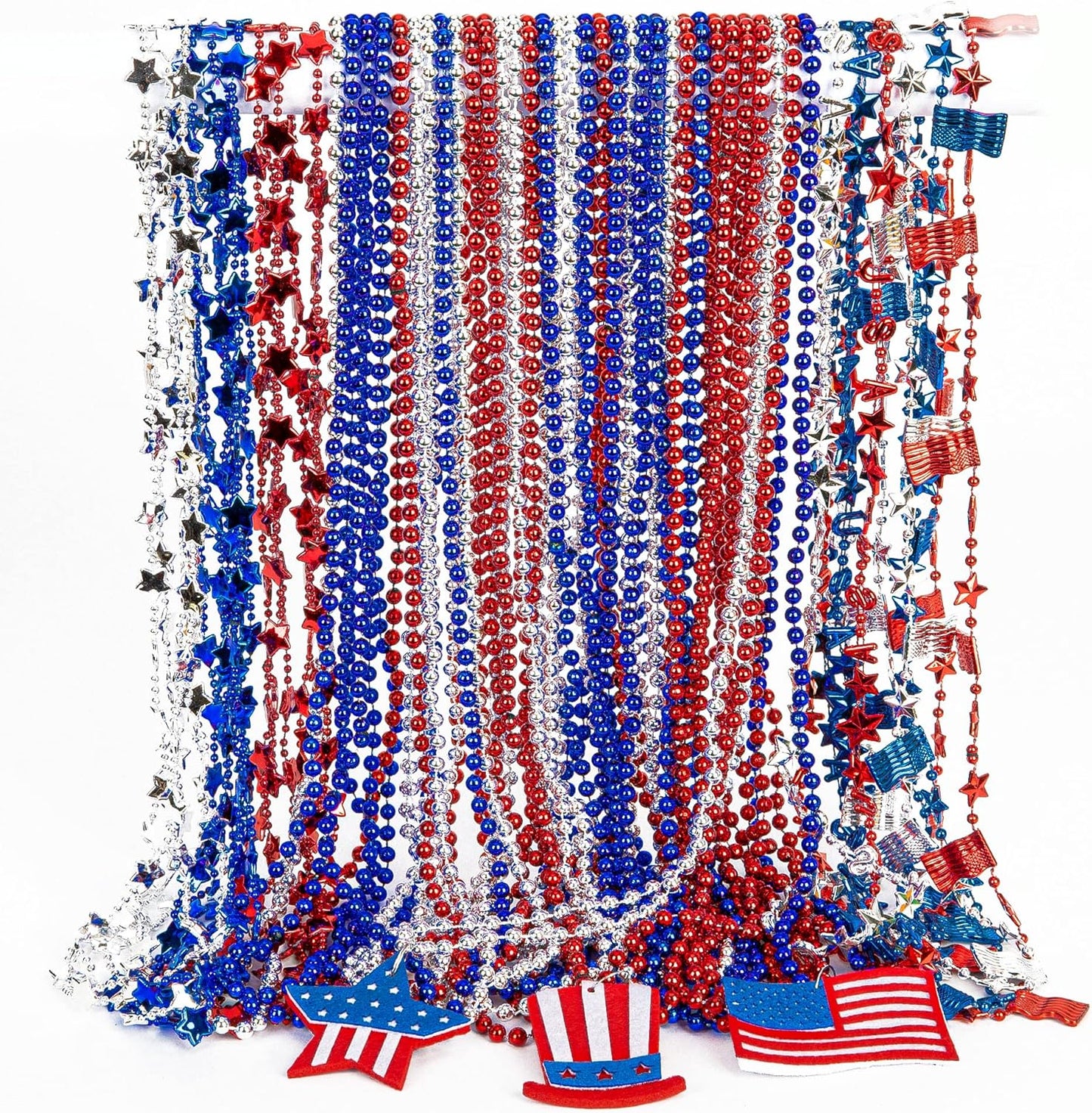 Patriotic 4th of July Necklace Set | 12PCS Red, White & Blue Beads with USA Flags for Independence Day Celebrations