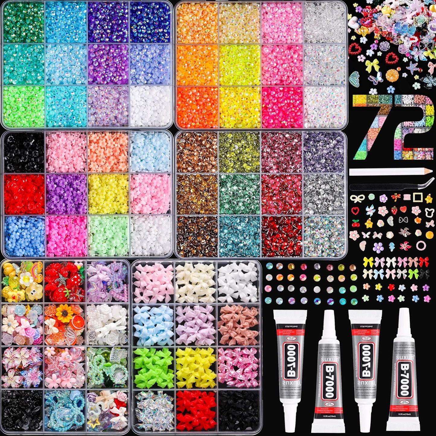 3D Nail Art Accessories Kit - 24 Colors Resin Rhinestones, Flowers & Bowknots | 12-Grid Storage for DIY Manicure
