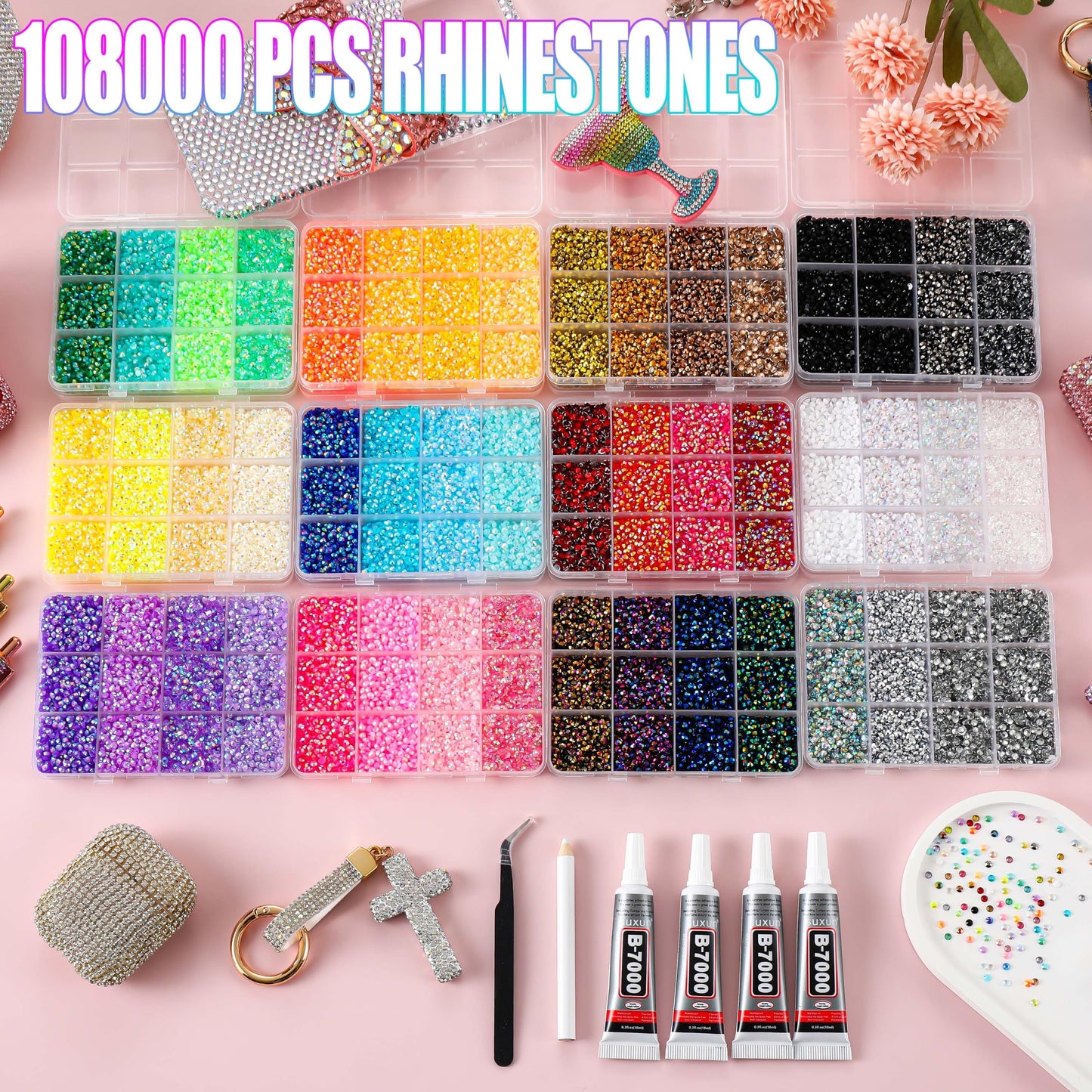 LERBOU 108000Pcs Bedazzling Kit for 12 Colors Rhinestones with 4 Shades Each - 12 Box Diamond Art, 3mm Flatback Gems with 4×10ml B7000 Jewelry Glue & Tools, Perfect for Nail Art, Crafting, Clothing