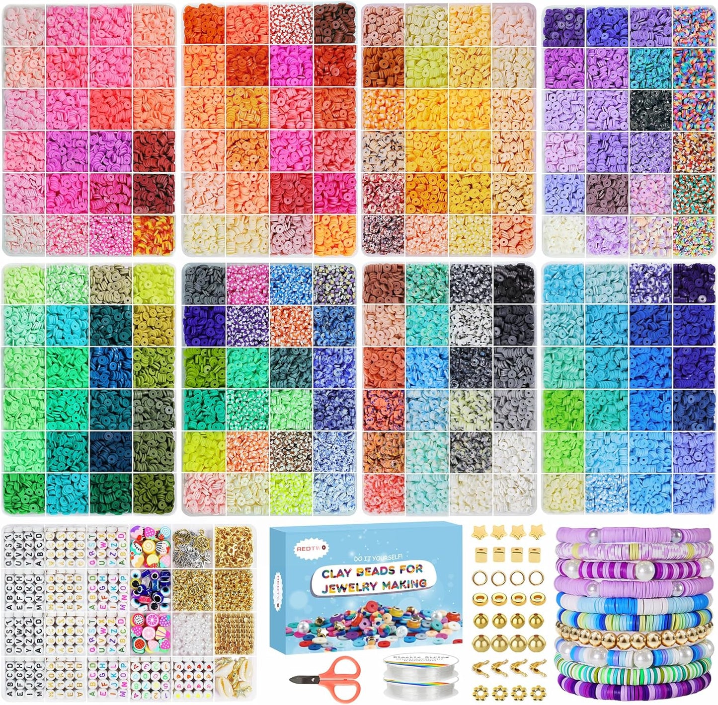 Clay Beads Bracelet Making Kit - Flat Preppy Polymer Heishi Beads with Charms | Craft Gifts for Girls Ages 8-12