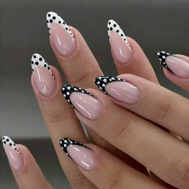 24pcs Blue Press on Nails with Polka Dot Pattern Design Almond Full