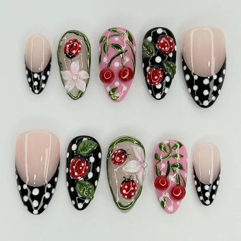 24pcs Blue Press on Nails with Polka Dot Pattern Design Almond Full