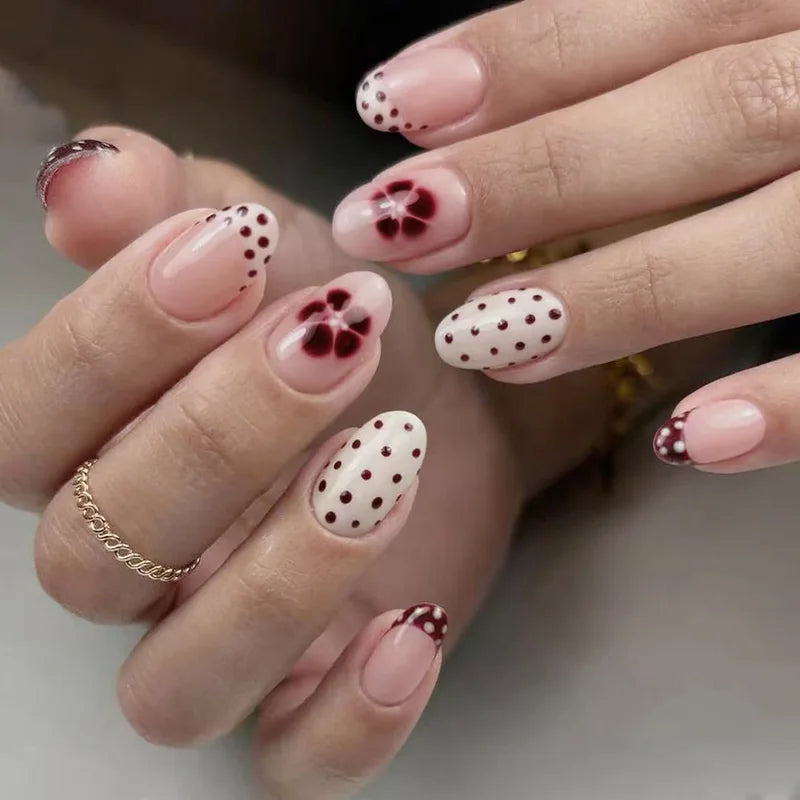24pcs Blue Press on Nails with Polka Dot Pattern Design Almond Full