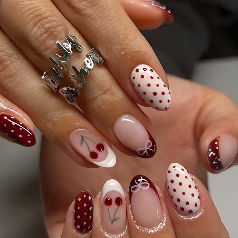 24pcs Blue Press on Nails with Polka Dot Pattern Design Almond Full