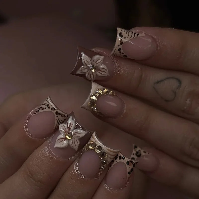 Y2K Cool Girl 3D Embossed Leopard French Press On Nails 24Pcs