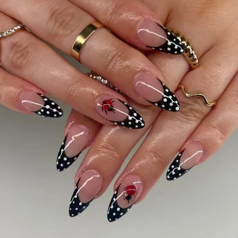 24pcs Blue Press on Nails with Polka Dot Pattern Design Almond Full