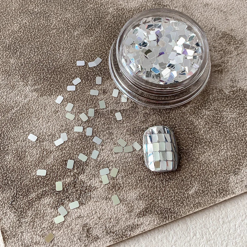 Square silver glitter nail accessories boxed, simple and sparkling,