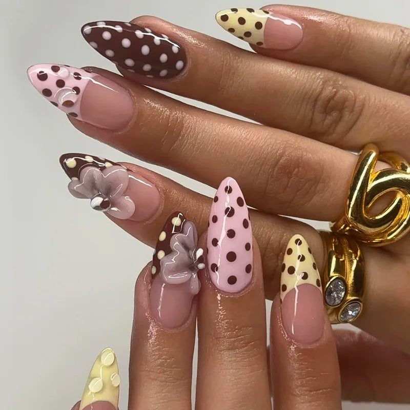 24pcs Blue Press on Nails with Polka Dot Pattern Design Almond Full