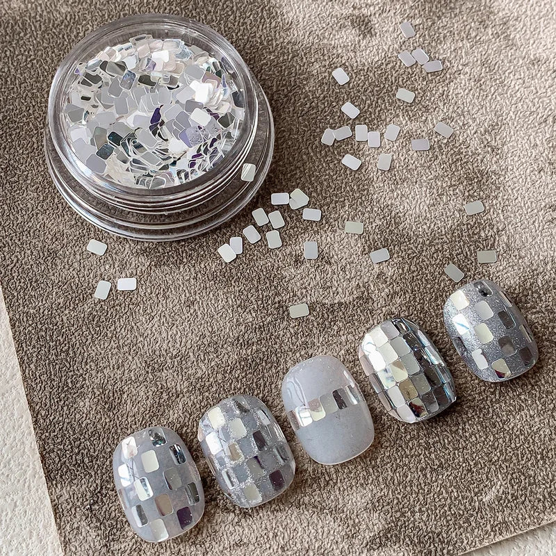 Square silver glitter nail accessories boxed, simple and sparkling,