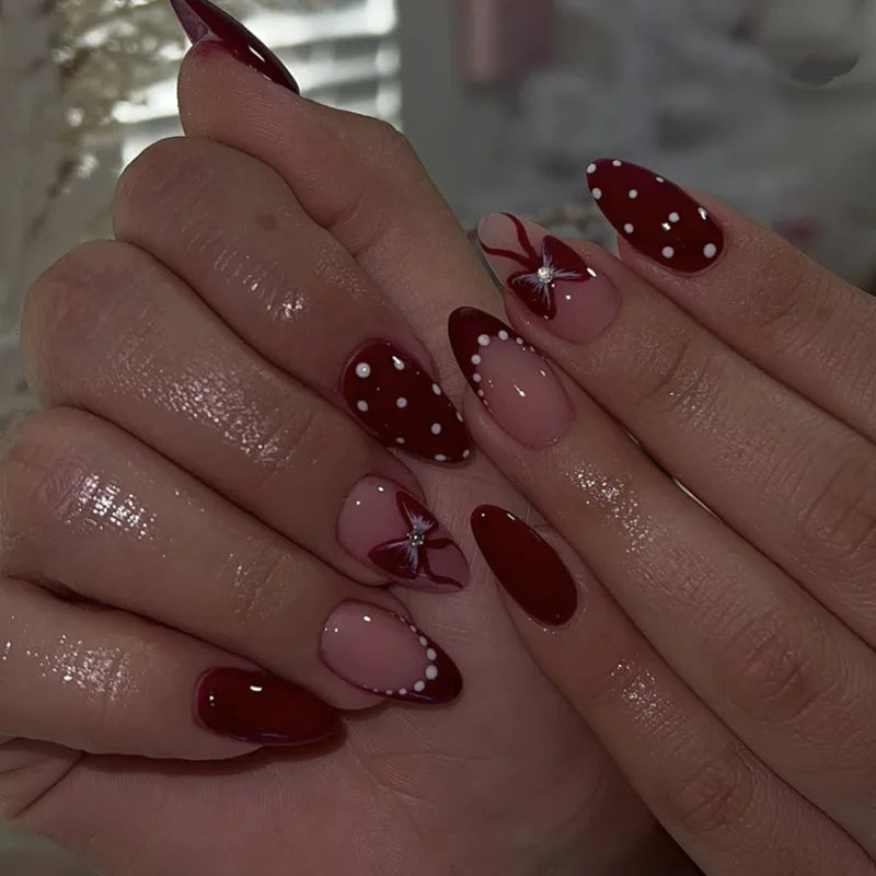 24pcs Blue Press on Nails with Polka Dot Pattern Design Almond Full