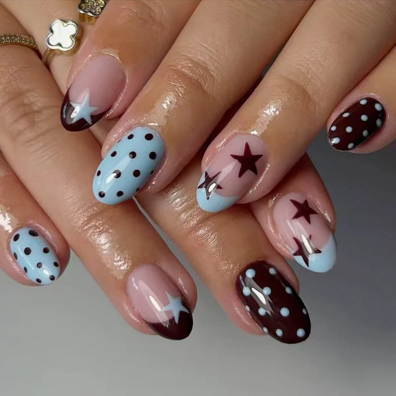 24pcs Blue Press on Nails with Polka Dot Pattern Design Almond Full