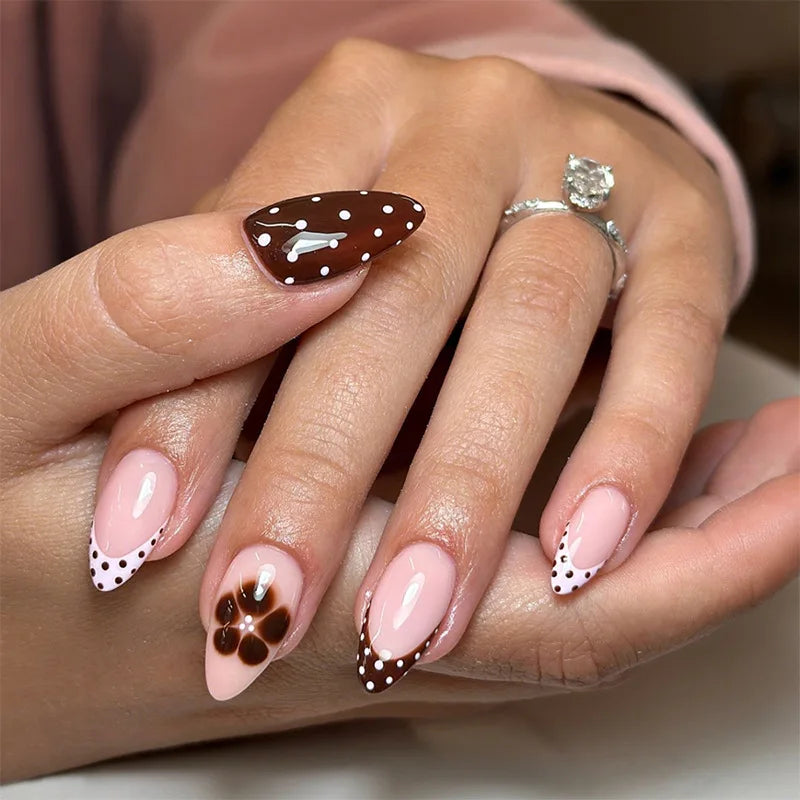 24pcs Blue Press on Nails with Polka Dot Pattern Design Almond Full