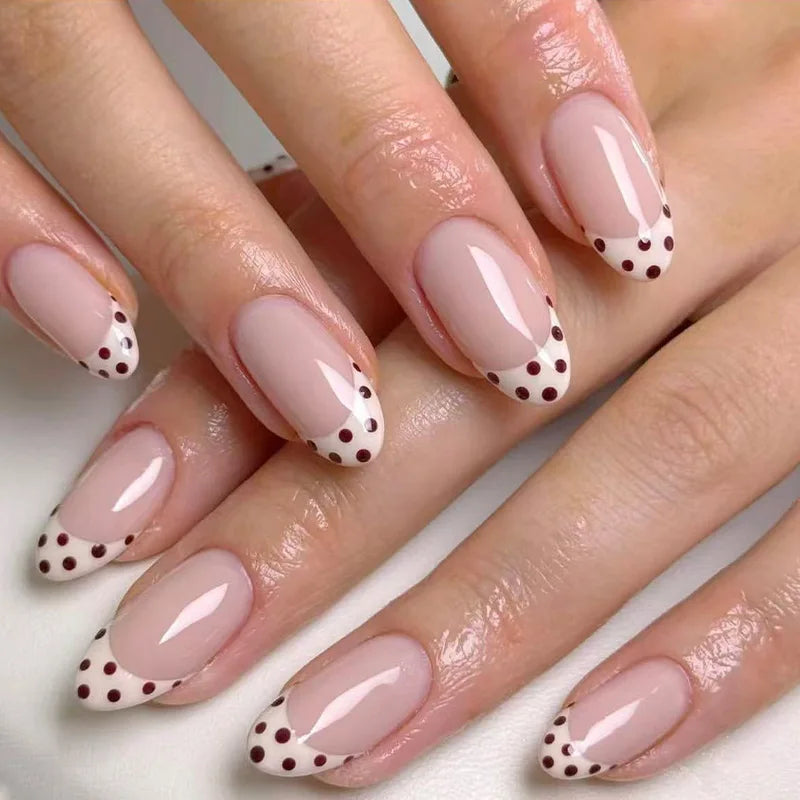 24pcs Blue Press on Nails with Polka Dot Pattern Design Almond Full