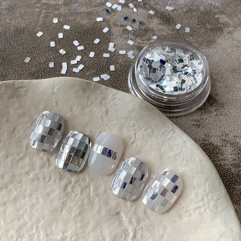 Square silver glitter nail accessories boxed, simple and sparkling,