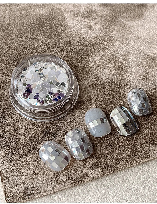 Square silver glitter nail accessories boxed, simple and sparkling,