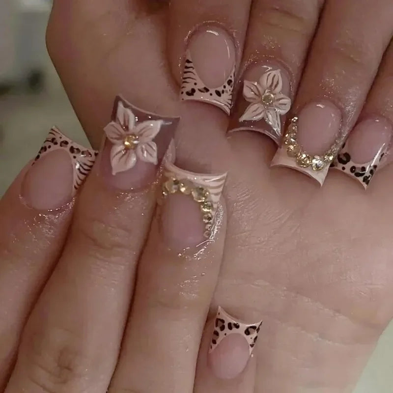 Y2K Cool Girl 3D Embossed Leopard French Press On Nails 24Pcs