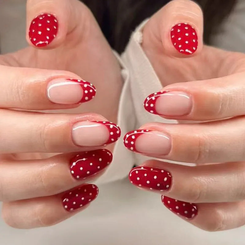 24pcs Blue Press on Nails with Polka Dot Pattern Design Almond Full