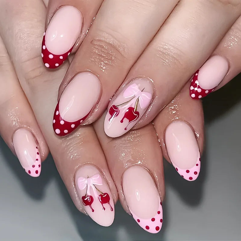 24pcs Blue Press on Nails with Polka Dot Pattern Design Almond Full