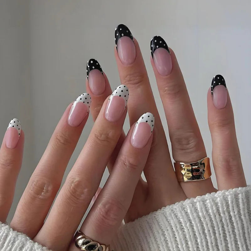 24pcs Blue Press on Nails with Polka Dot Pattern Design Almond Full