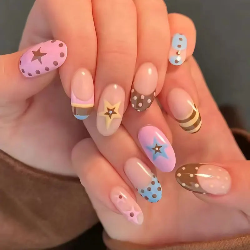 24pcs Blue Press on Nails with Polka Dot Pattern Design Almond Full