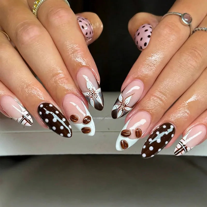 24pcs Blue Press on Nails with Polka Dot Pattern Design Almond Full