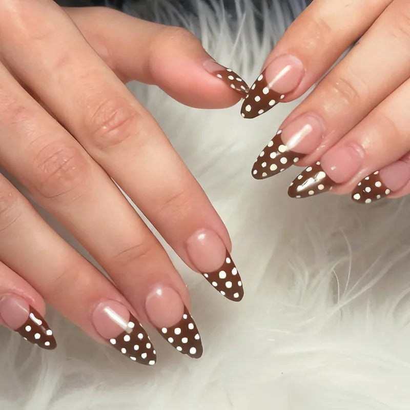 24pcs Blue Press on Nails with Polka Dot Pattern Design Almond Full