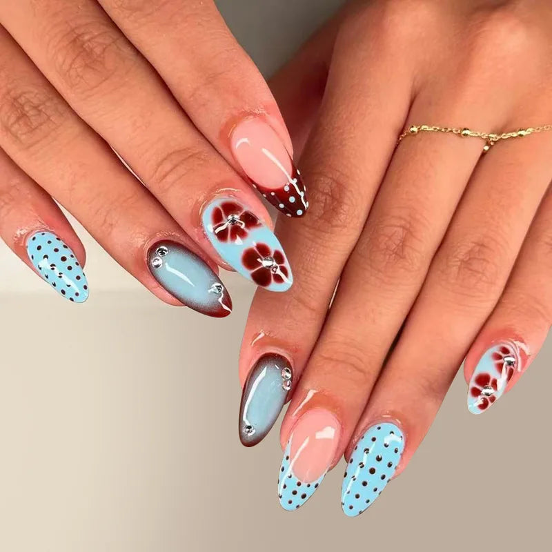 24pcs Blue Press on Nails with Polka Dot Pattern Design Almond Full