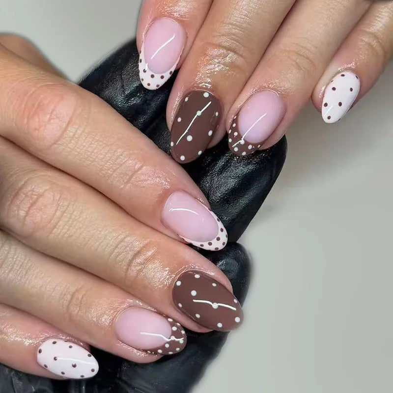 24pcs Blue Press on Nails with Polka Dot Pattern Design Almond Full
