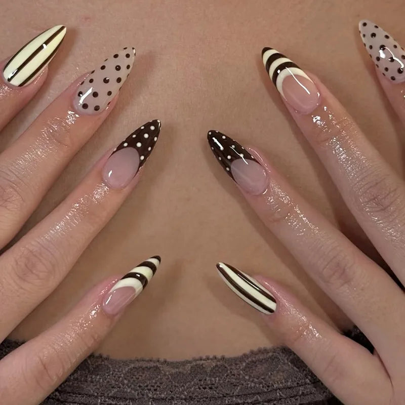 24pcs Blue Press on Nails with Polka Dot Pattern Design Almond Full