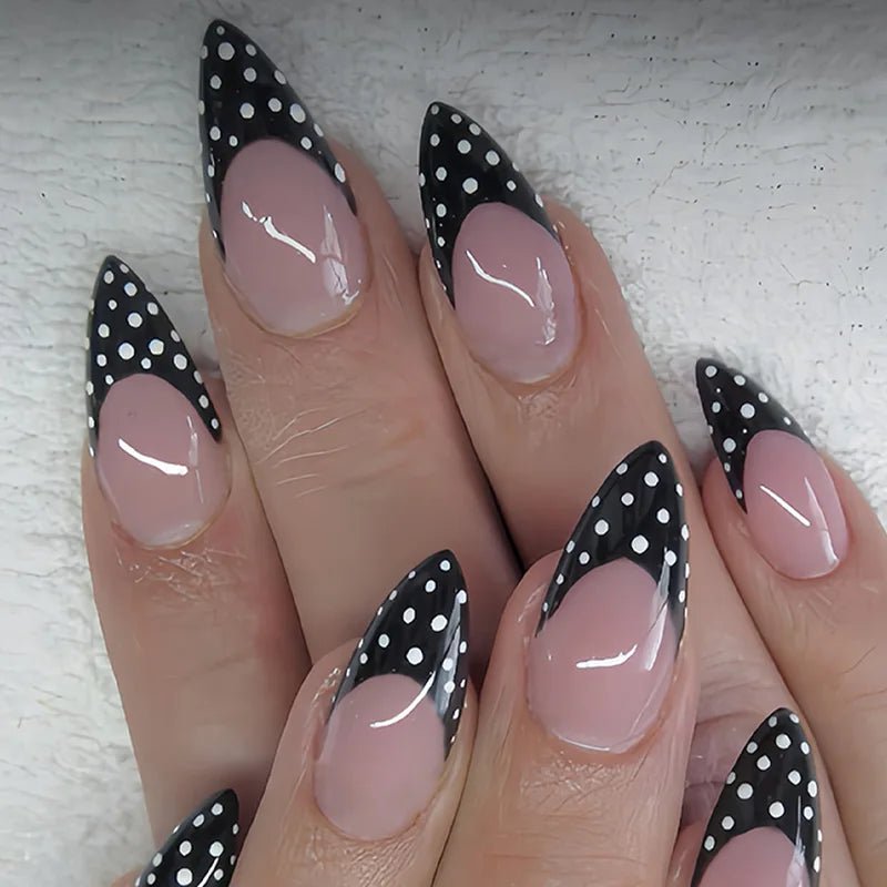 24pcs Blue Press on Nails with Polka Dot Pattern Design Almond Full