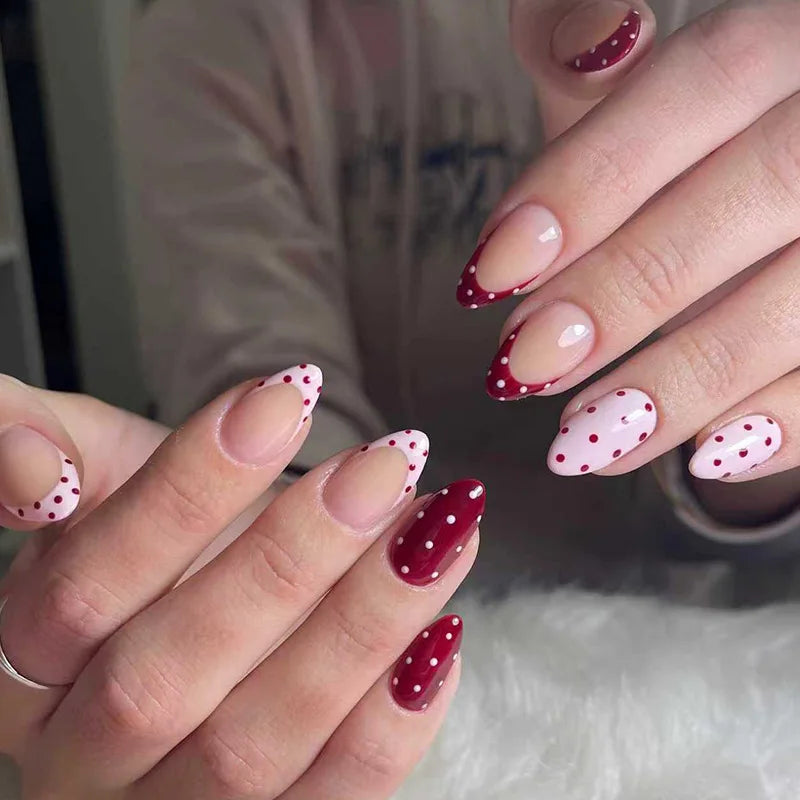 24pcs Blue Press on Nails with Polka Dot Pattern Design Almond Full