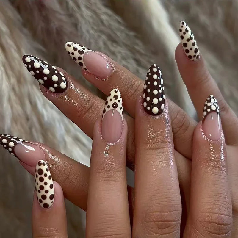 24pcs Blue Press on Nails with Polka Dot Pattern Design Almond Full