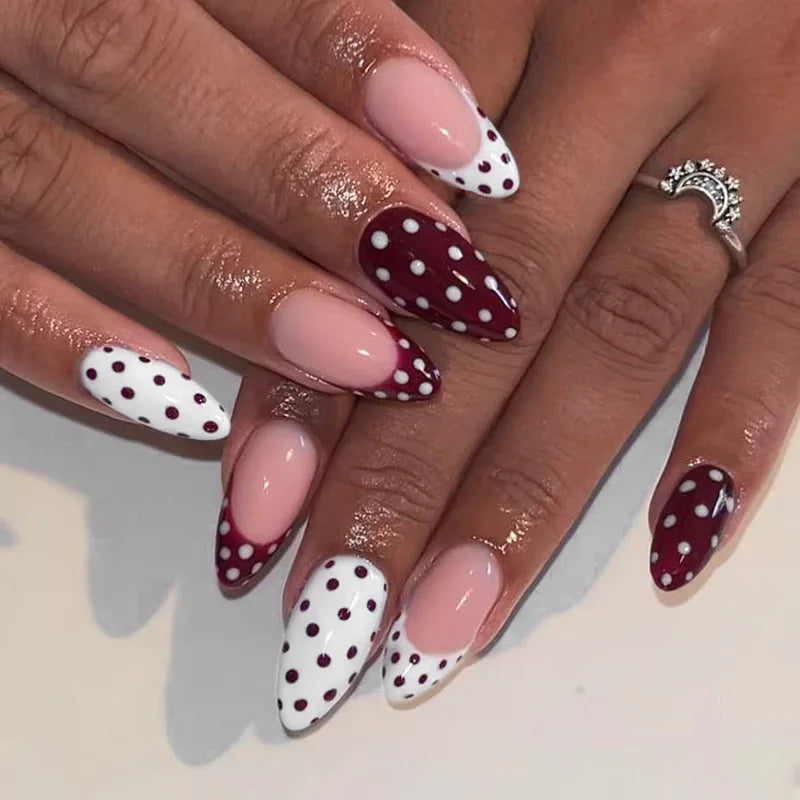 24pcs Blue Press on Nails with Polka Dot Pattern Design Almond Full