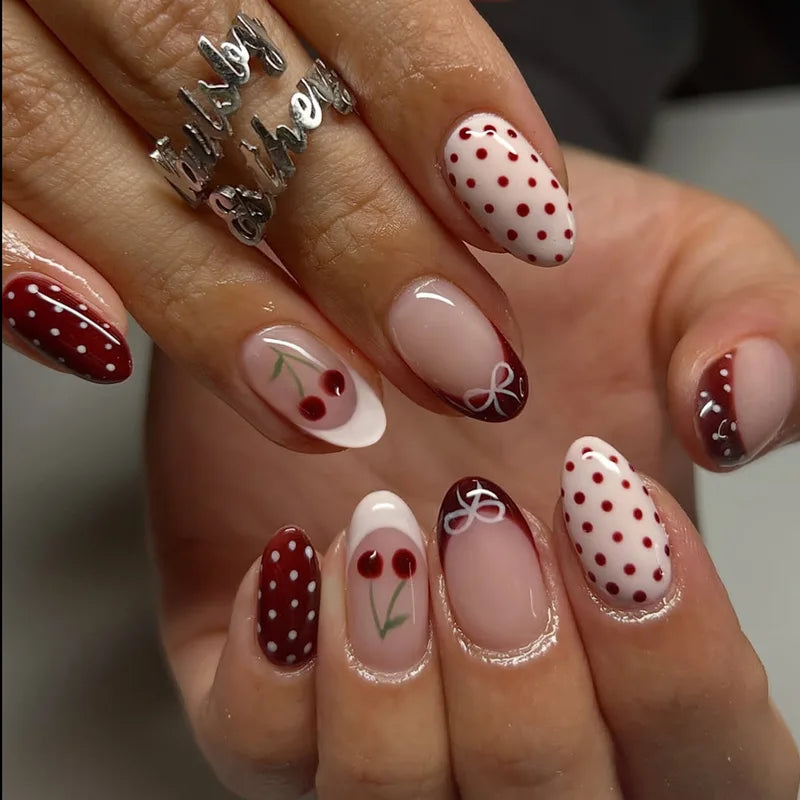 24pcs Blue Press on Nails with Polka Dot Pattern Design Almond Full